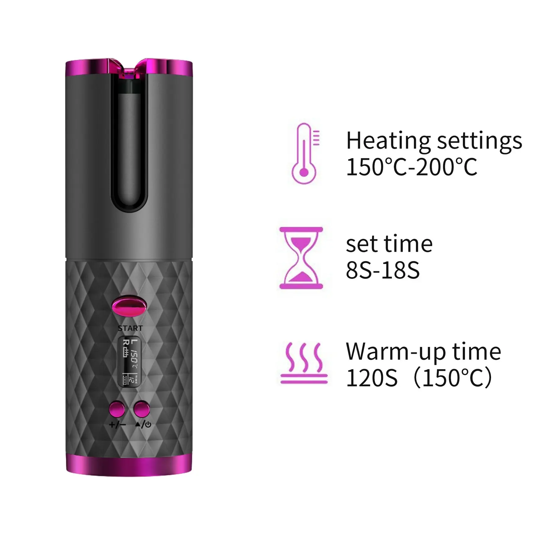 Compact fully automatic hair curler with rechargeable battery for styling on the go.