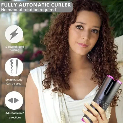 Compact fully automatic hair curler with rechargeable battery for styling on the go.