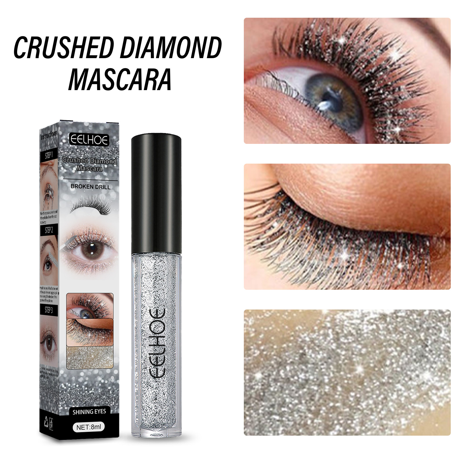 EELHOE glitter diamond mascara styling primer quick-drying film-forming glitter tear-proof mascara