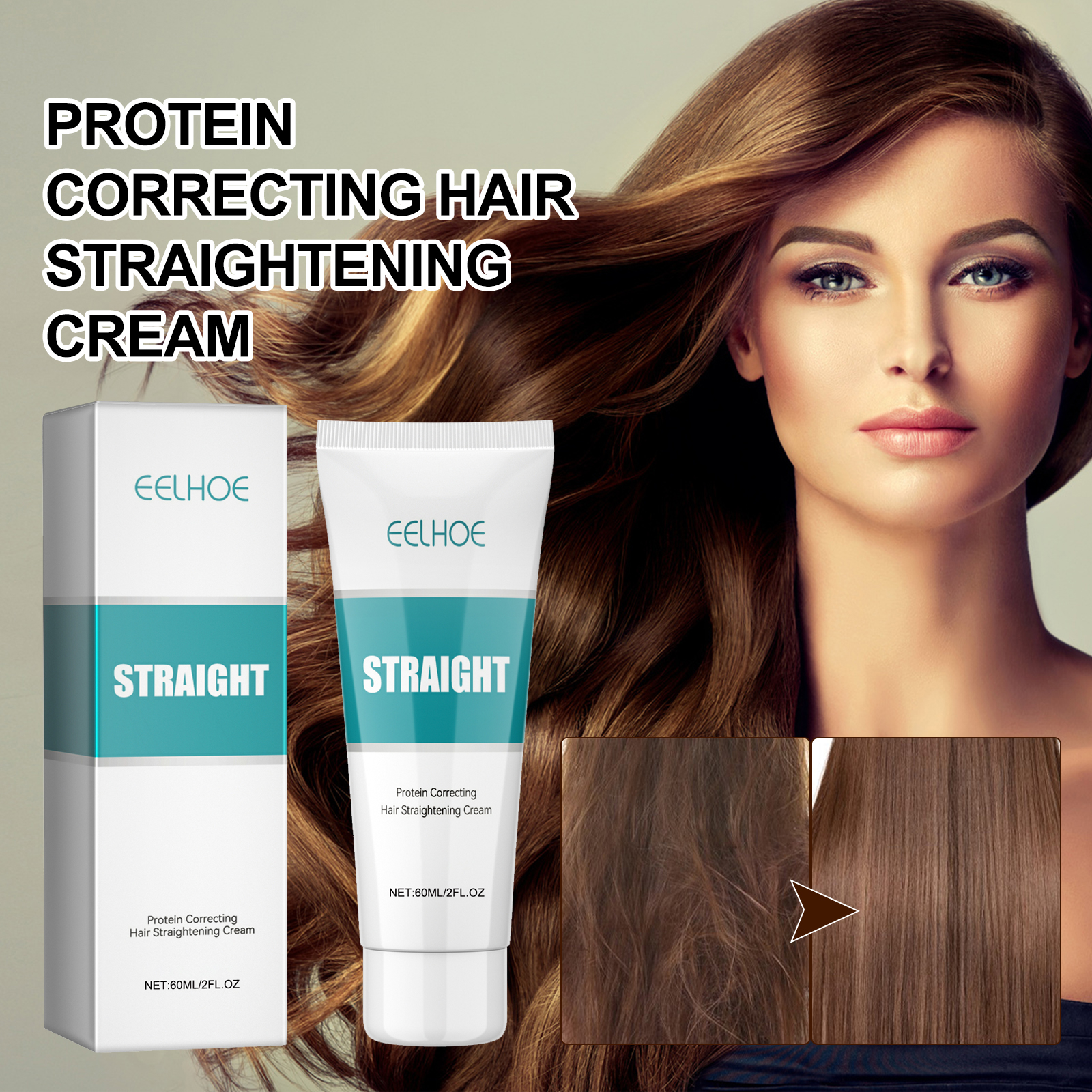 EELHOE protein straightening cream smoothes frizz, repairs split ends, and damages hair. Straighten hair without pulling.-CLEJOY