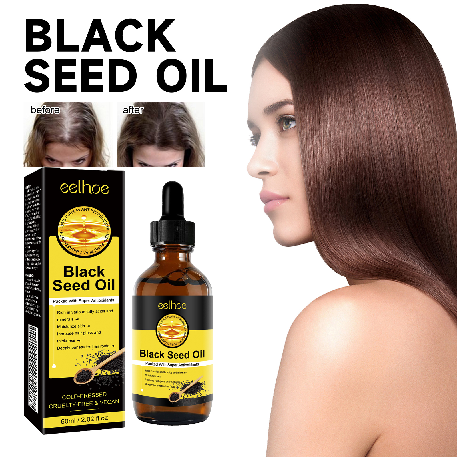 EELHOE Black Seed Oil Essence improves dry and frizzy hair, nourishes and repairs damaged hair, prevents hair loss and thickens hair-CLEJOY