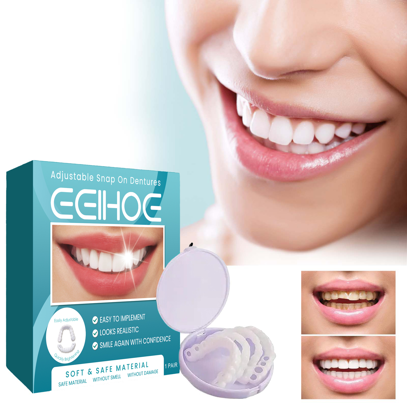 EELHOE adjustable snap-on dentures temporary fillings gap filling correction teeth denture kit