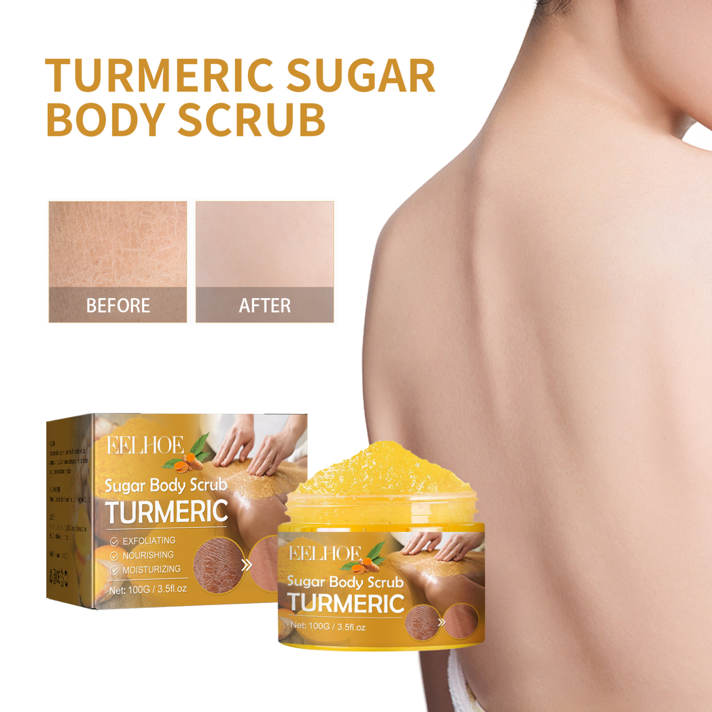 EELHOE Turmeric Body Scrub Lightens acne marks, moisturizes, smoothes and rejuvenates the skin, cleanses the body exfoliating scrub-CLEJOY