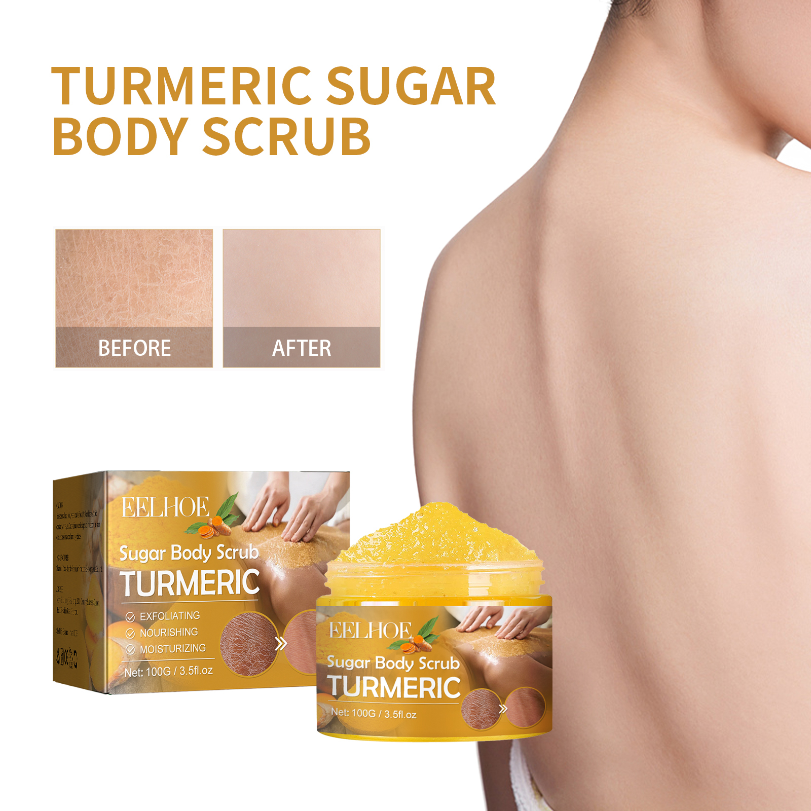 EELHOE Turmeric Body Scrub Lightens acne marks, moisturizes, smoothes and rejuvenates the skin, cleanses the body exfoliating scrub-CLEJOY
