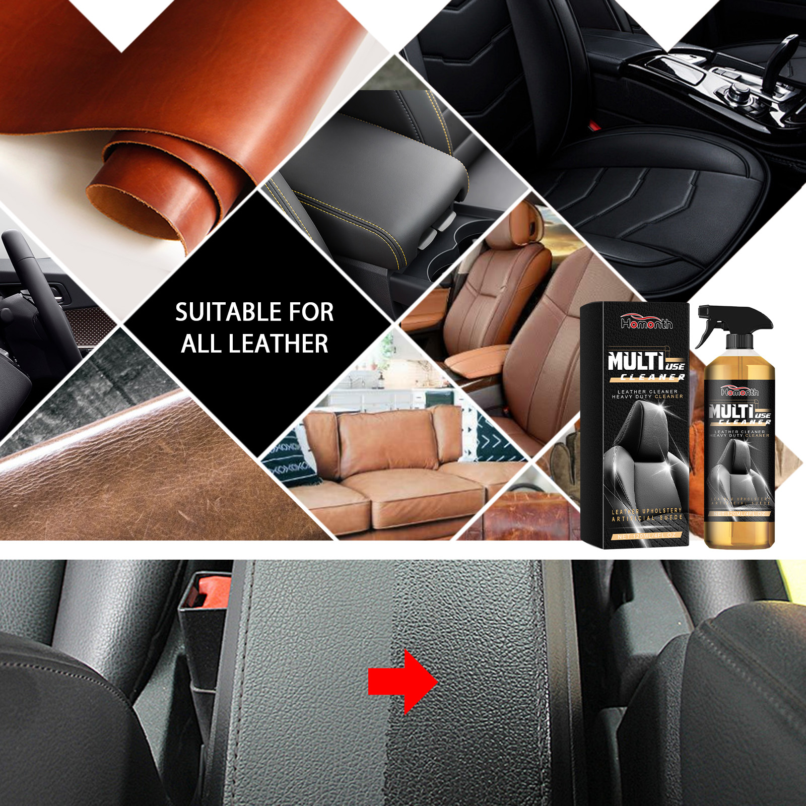 Homonth Car Leather Cleaner Set Car Interior Leather Maintenance Renovation Decontamination Cleaner