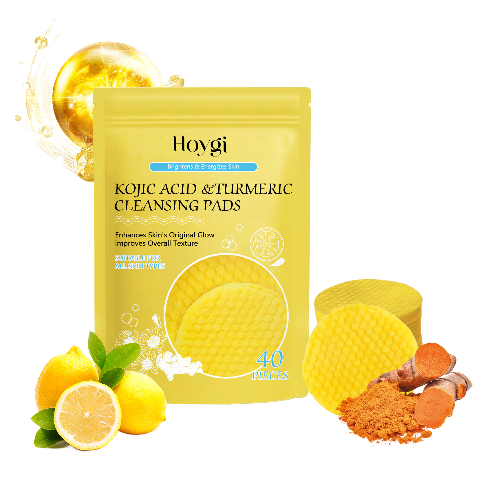 HOYGI Turmeric Kojic Acid Cleansing Pads Facial Skin Pore Cleansing Makeup Remover Gentle Exfoliating Cleansing Pads-CLEJOY