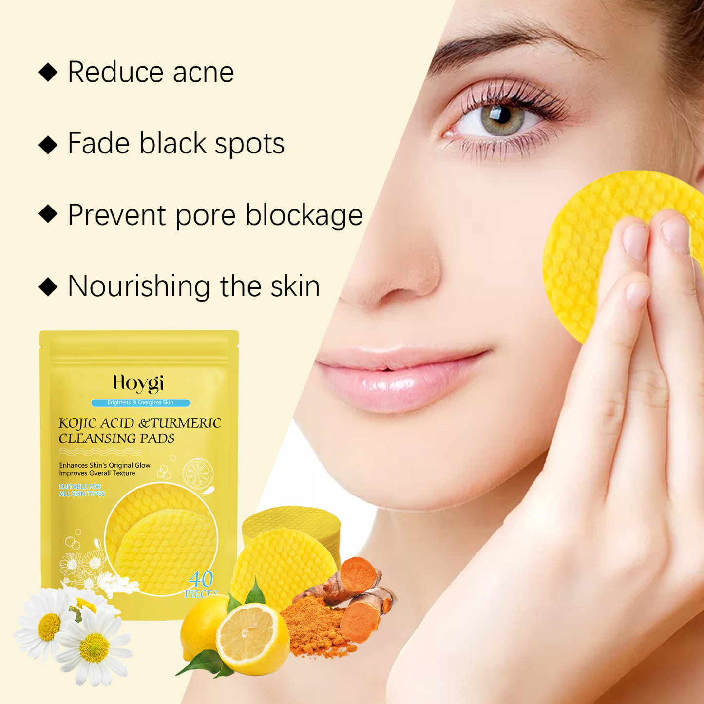 HOYGI Turmeric Kojic Acid Cleansing Pads Facial Skin Pore Cleansing Makeup Remover Gentle Exfoliating Cleansing Pads-CLEJOY
