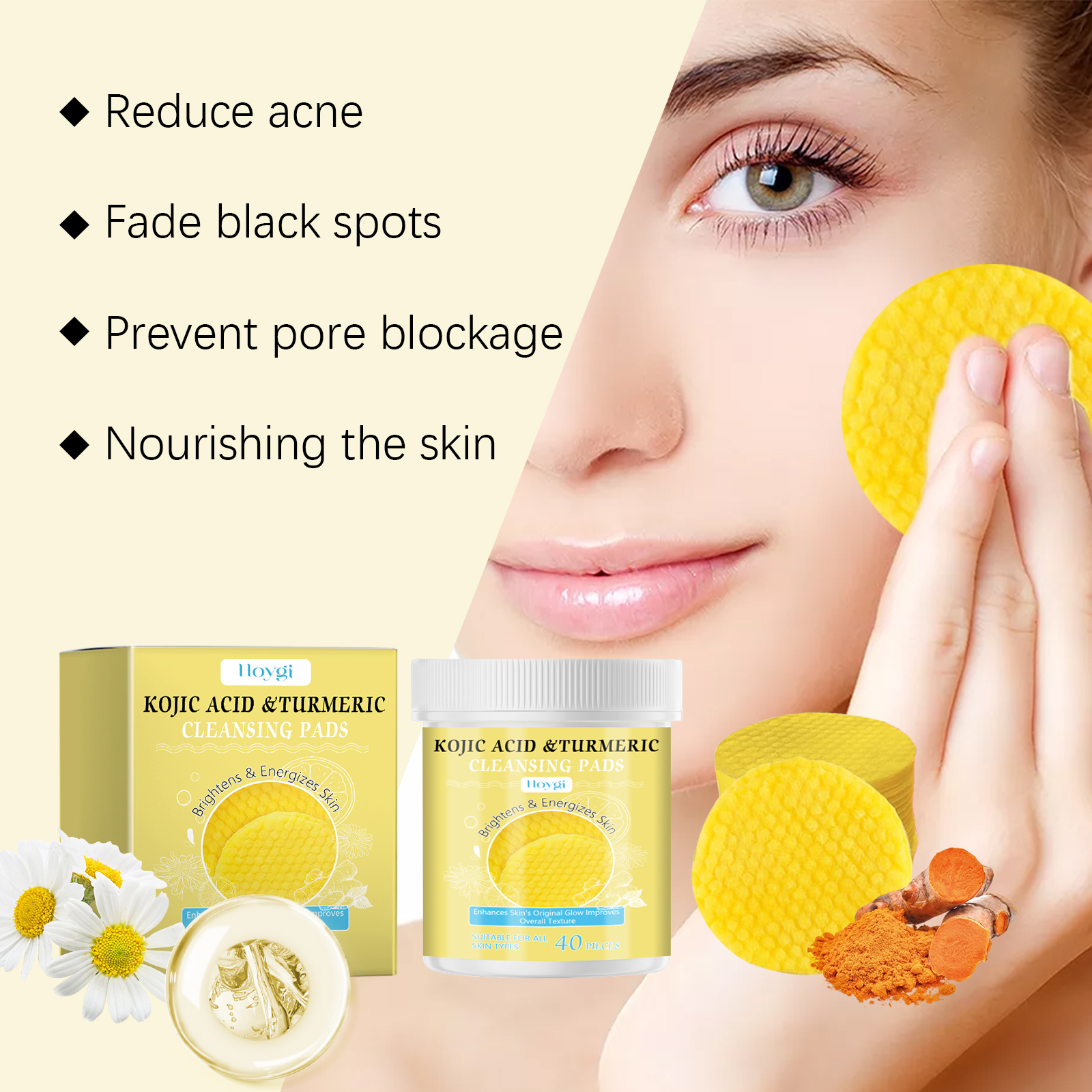 Hoygi Turmeric Kojic Acid Cleansing Pads Daily Cleansing Gentle Skin Care Moisturizing Skin Brightening Cleansing Pads-CLEJOY