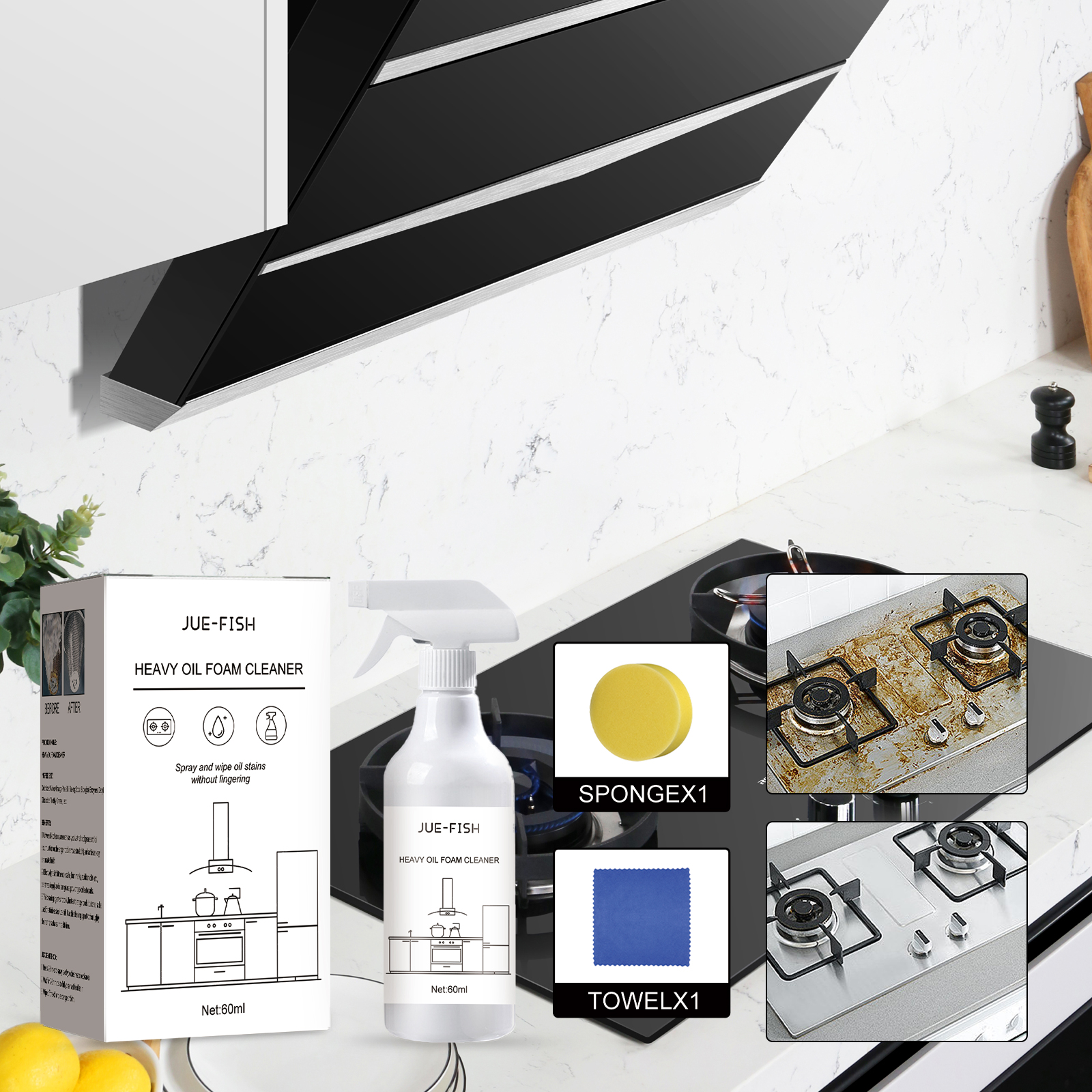 Jue-Fish heavy oil foam cleaner kitchen stove range hood wash basin grease removal cleaner