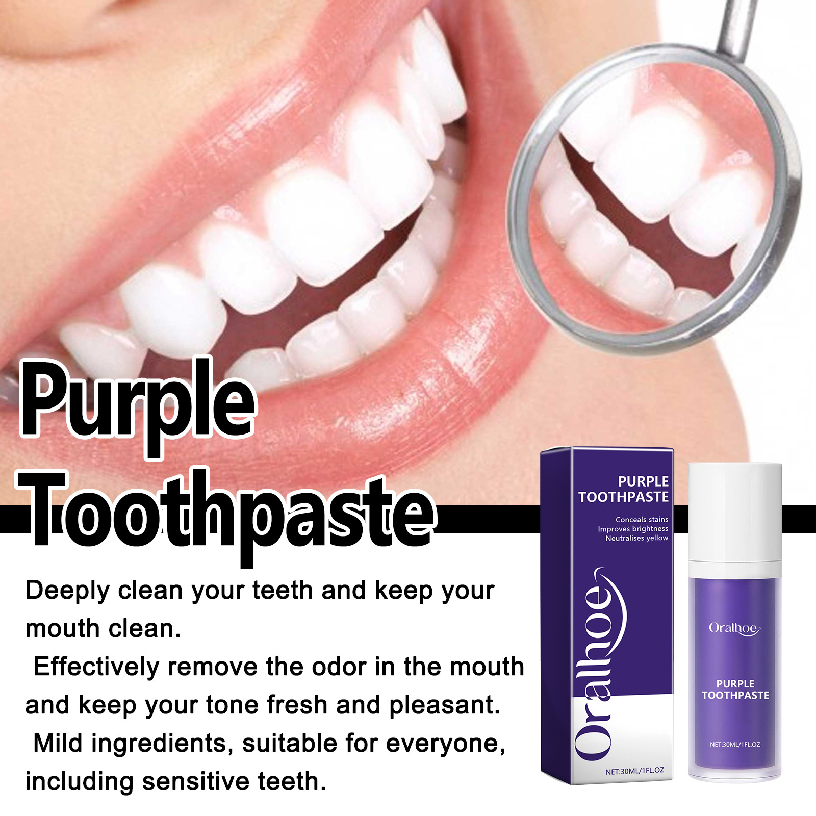 Oralhoe Purple Toothpaste: Professional stain and odor fix for a radiant white finish.