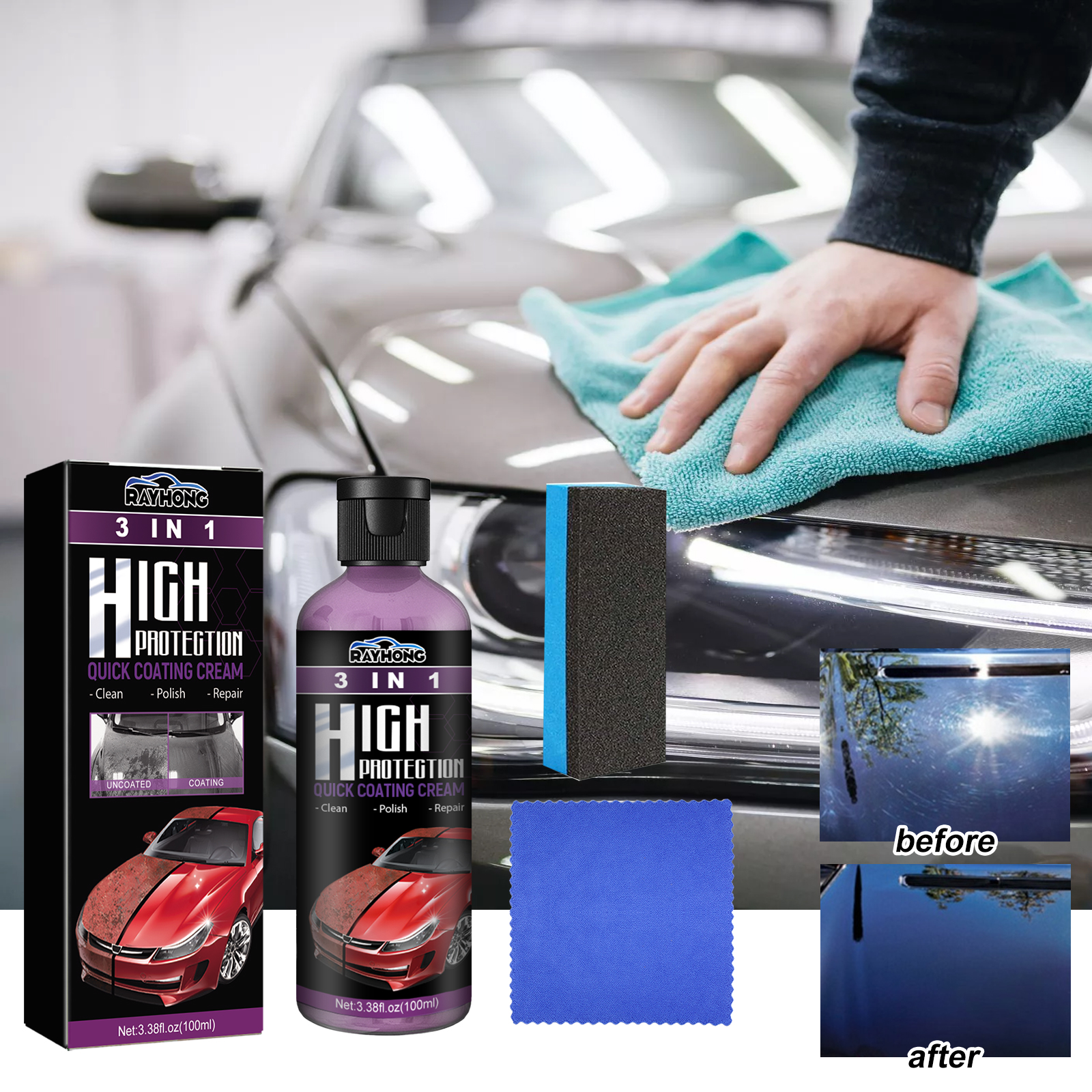 Rayhong coating cream 3 in 1 car cleaning, decontamination, scratch repair, multifunctional car paint renovation coating artifact-CLEJOY