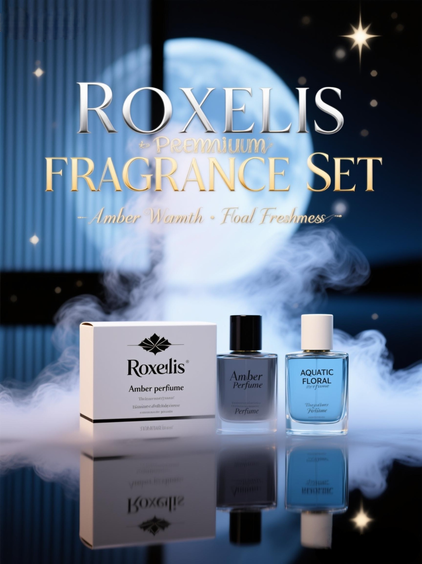 Roxelis Luxury Eau de Toilette Set: A luxurious gift set featuring warm amber and fresh aquatic floral notes.-CLEJOY