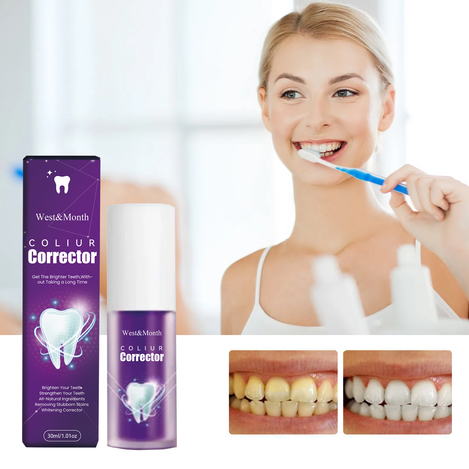 West&Month Purple Whitening Toothpaste Cleans Teeth Stains, Bad Odors, Protects Gums, Whitens Teeth