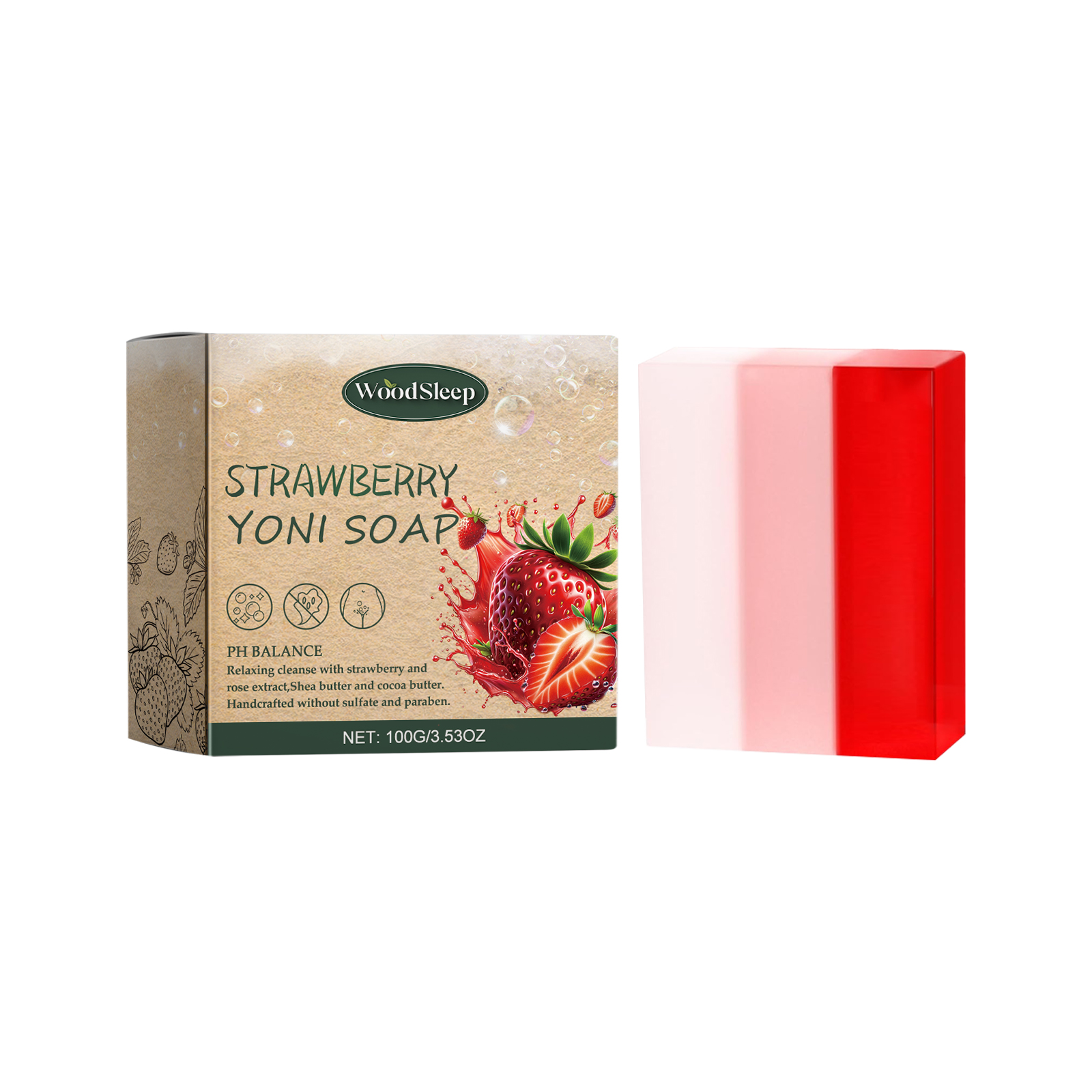 WoodSleep Natural Strawberry Flavoured Soap for Women Gentle Deep Cleansing Moisturising Delicate Body Skin Bath Soap-CLEJOY