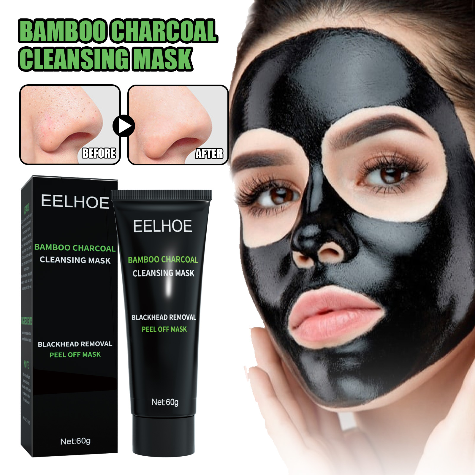 EELHOE Bamboo Charcoal Blackhead Remover Peel-Off Mask Deep Cleans Pores and Acne T-Zone Oil Control Peel-Off Mask