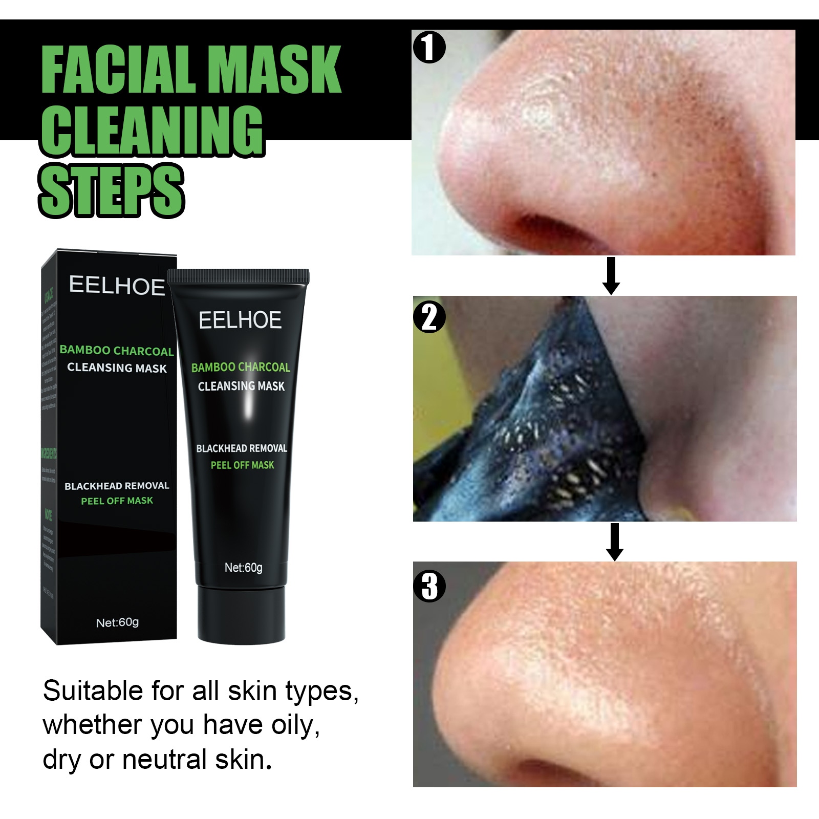 EELHOE Bamboo Charcoal Blackhead Remover Peel-Off Mask Deep Cleans Pores and Acne T-Zone Oil Control Peel-Off Mask