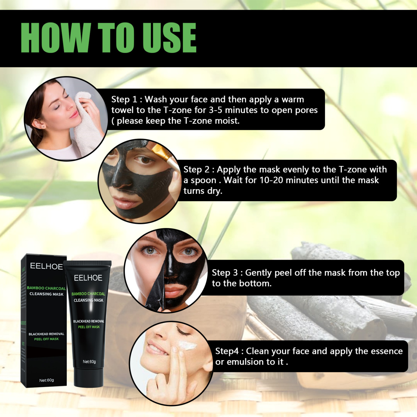 EELHOE Bamboo Charcoal Blackhead Remover Peel-Off Mask Deep Cleans Pores and Acne T-Zone Oil Control Peel-Off Mask