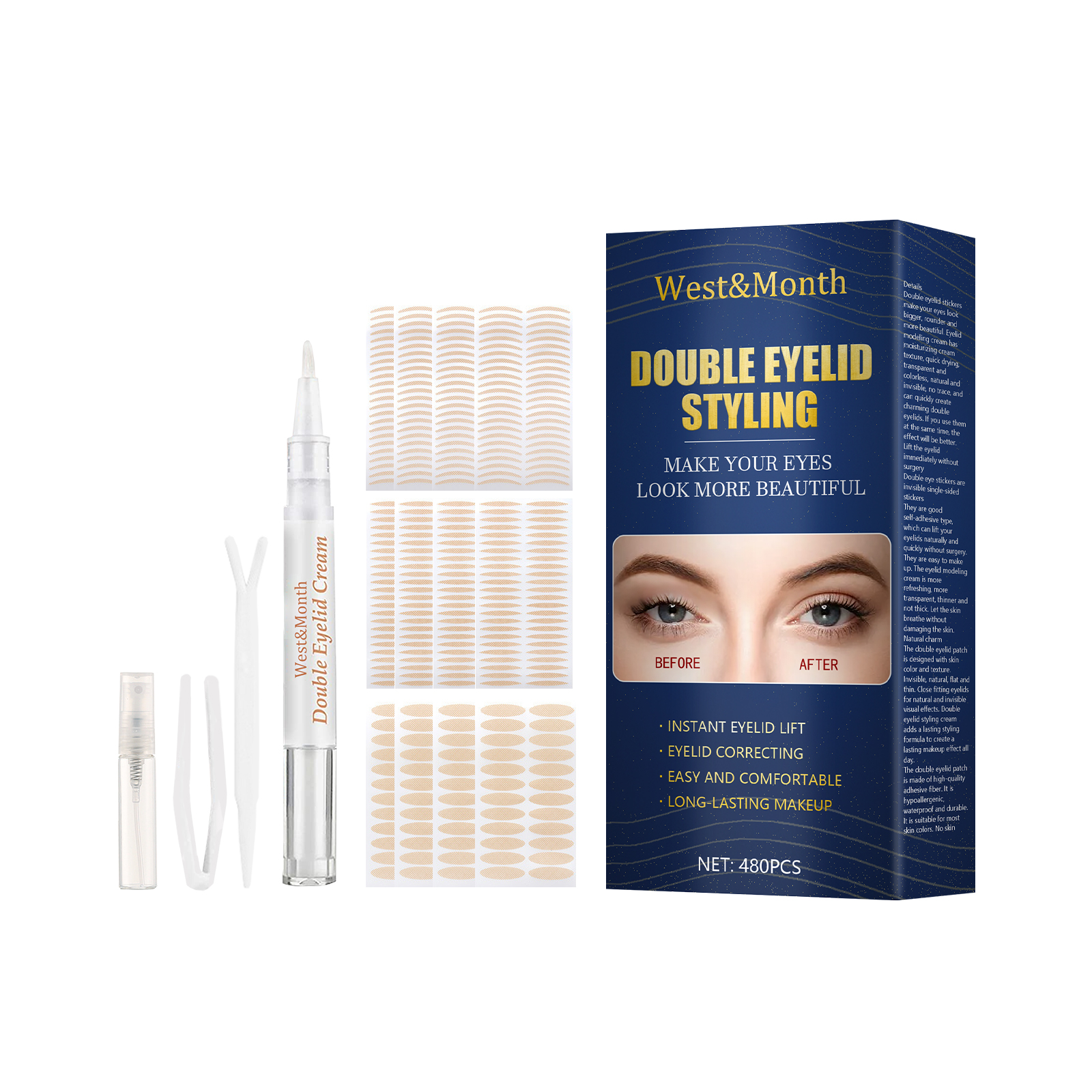 West&Month Double Eyelid Tape - Invisible, Glue-Free, Natural Mesh, Adhesive to Water, Olive-Shaped Lace-CLEJOY