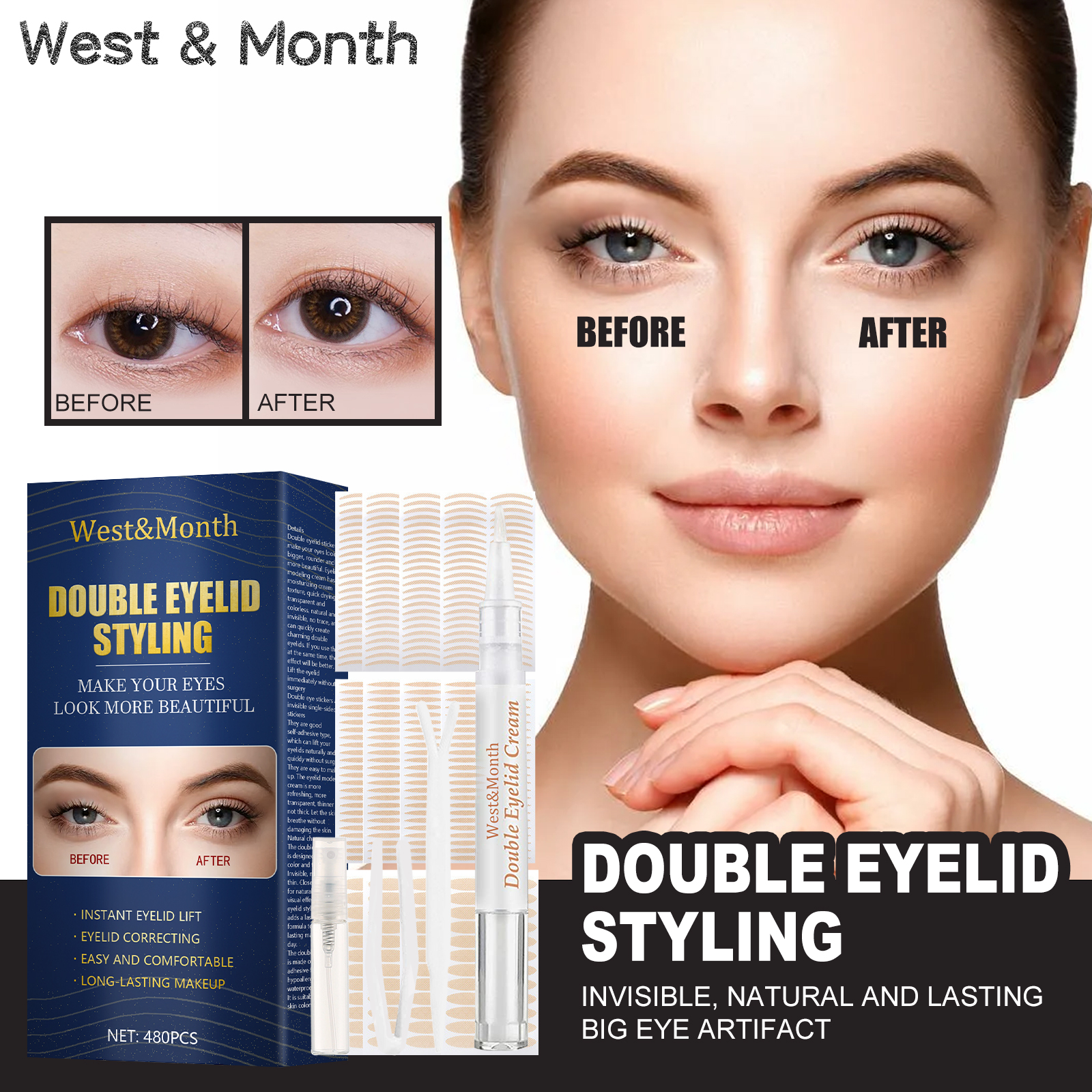 West&Month Double Eyelid Tape - Invisible, Glue-Free, Natural Mesh, Adhesive to Water, Olive-Shaped Lace-CLEJOY