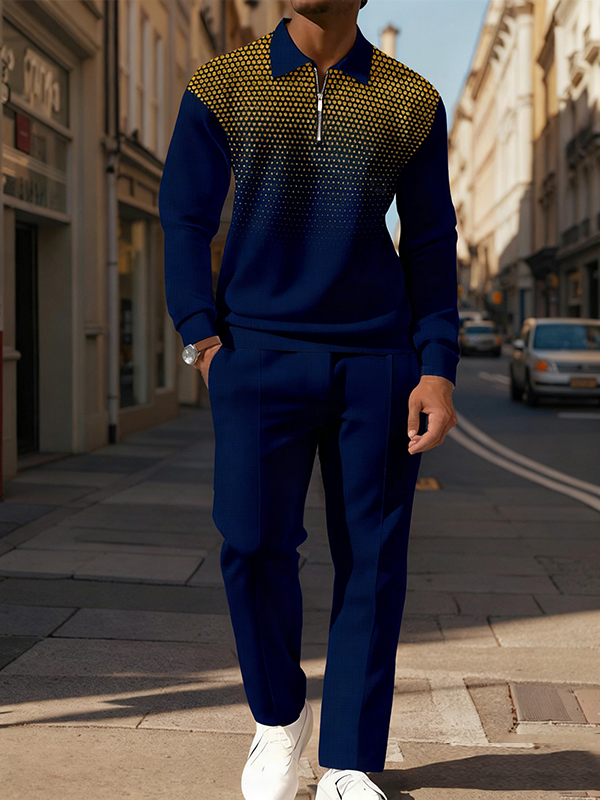 Men's Gradient Casual Long Sleeve Polo Shirt Set 119