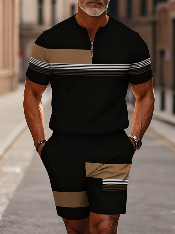 Men's fashion casual round-neck zipper geometric printed short-sleeved two-piece set