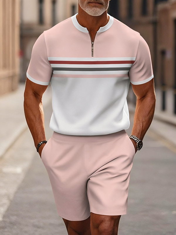 Men's fashion casual round-neck zipper geometric printed short-sleeved two-piece set