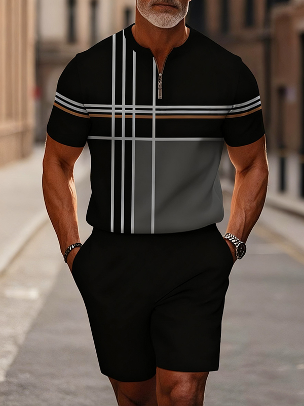 Men's fashion casual round-neck zipper geometric printed short-sleeved two-piece set