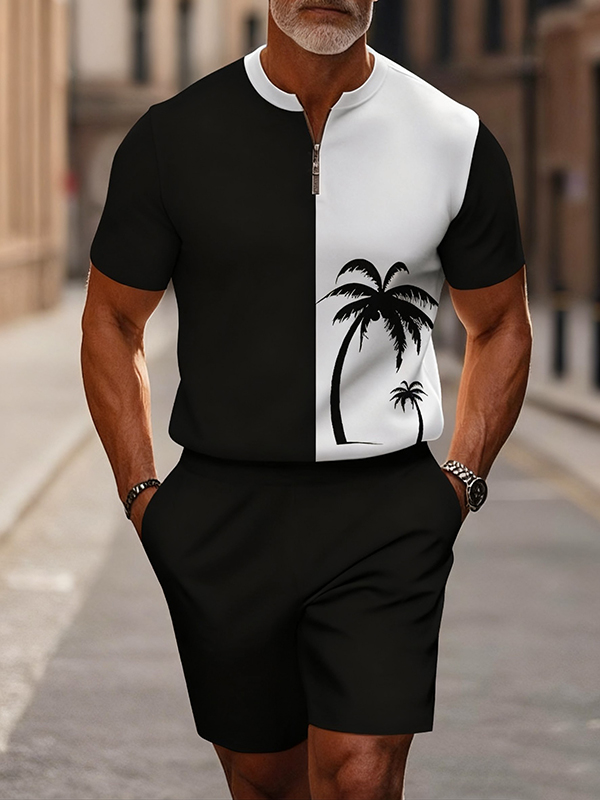 Men's fashion casual round-neck zipper geometric printed short-sleeved two-piece set