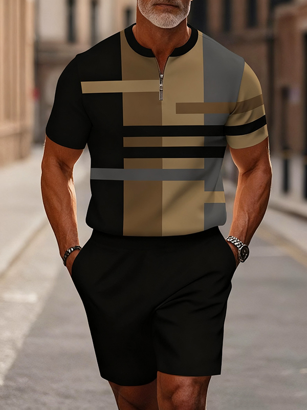 Men's fashion casual round-neck zipper geometric printed short-sleeved two-piece set