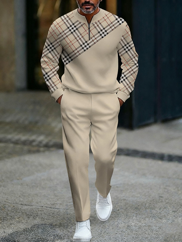 Men's fashion casual geometric print long sleeve zipper two-piece set