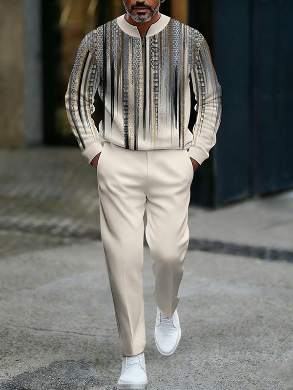 Men's fashion casual geometric print long sleeve zipper two-piece set