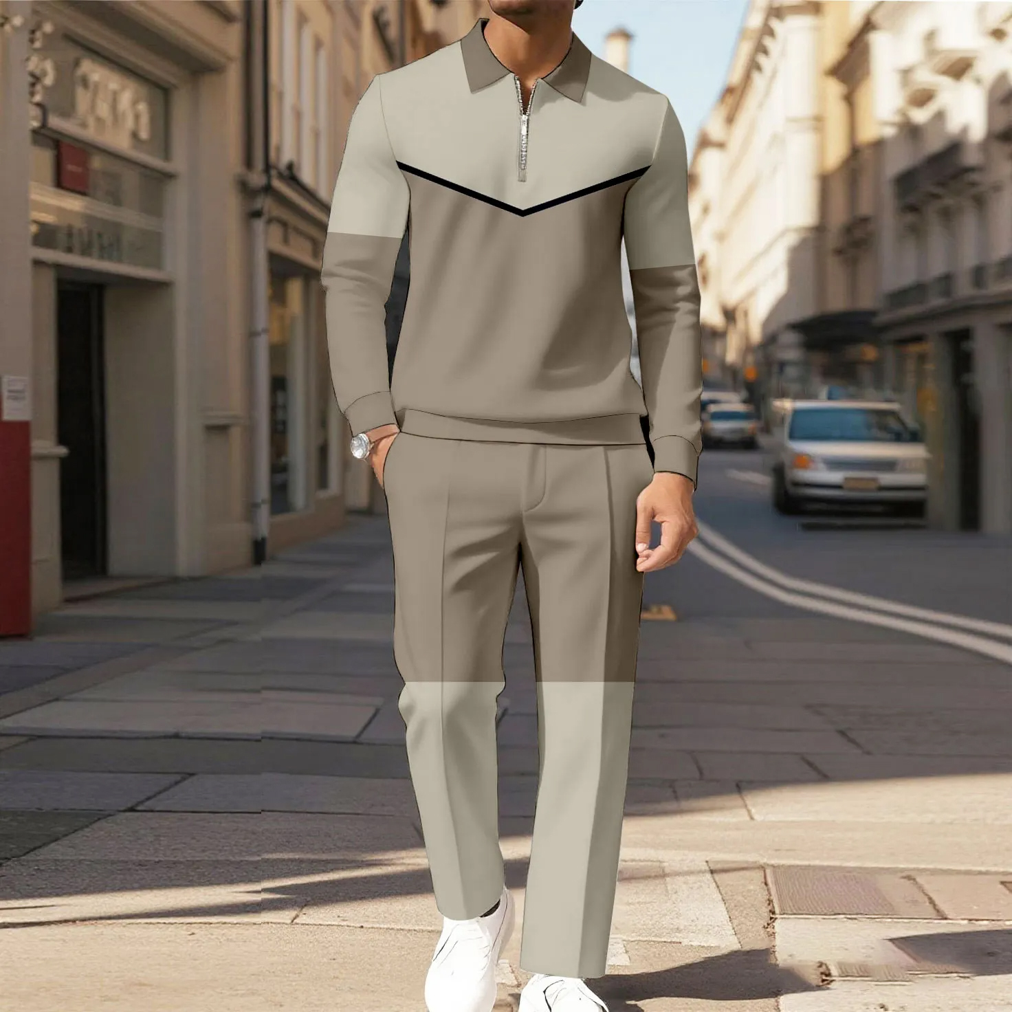 Men's Casual Color Matching Printed Polo-Collar Zipper Long Sleeved Trousers Two-Piece Set 27