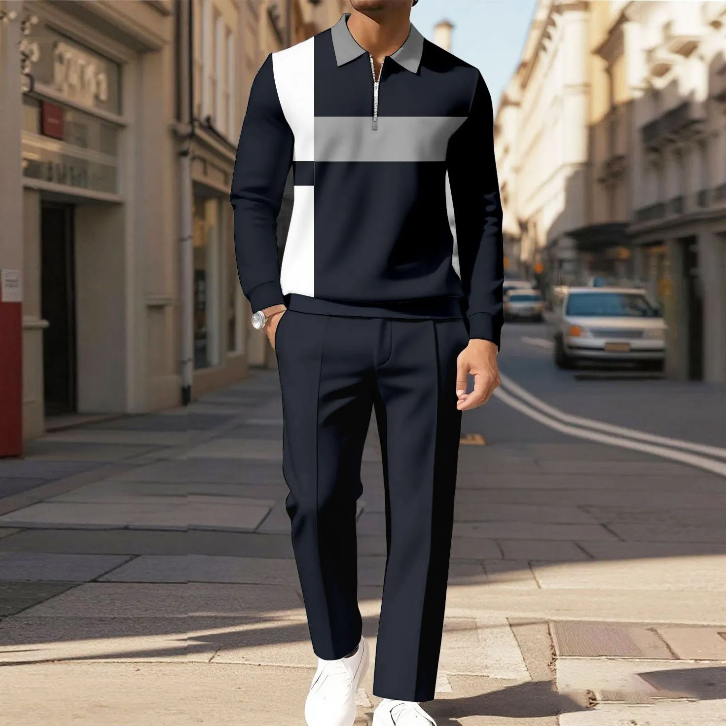 Men's Casual Color Matching Printed Polo-Collar Zipper Long Sleeved Trousers Two-Piece Set