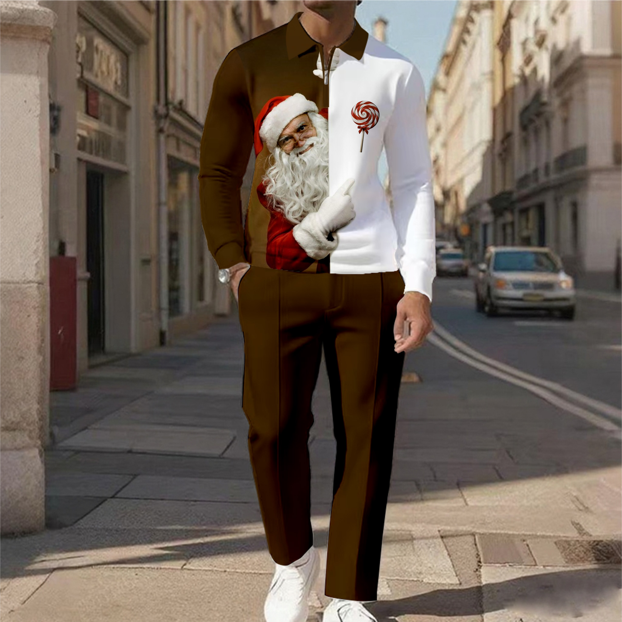 Men's Casual Color Matching Printed Polo-Collar Zipper Long Sleeved Trousers Two-Piece Set