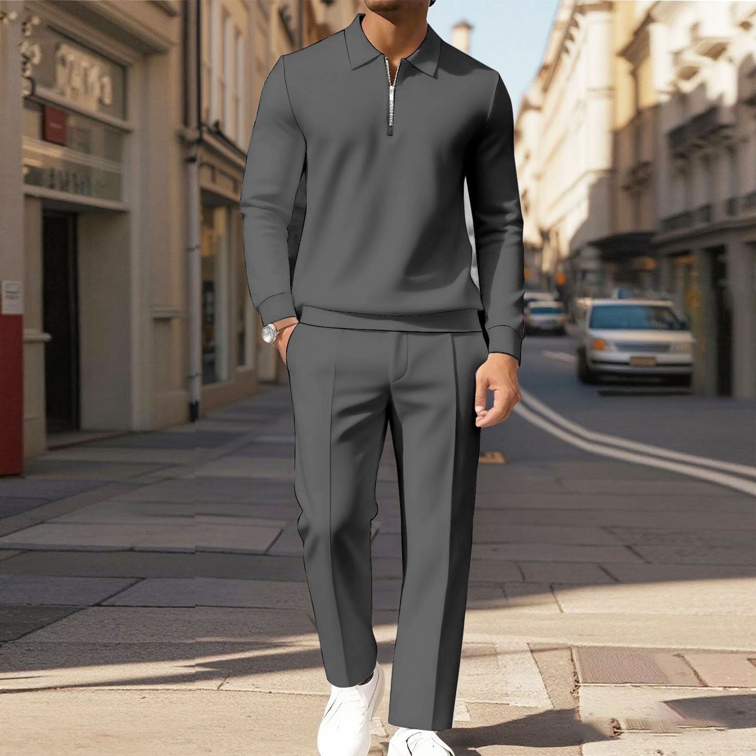 Men's Casual Solid Color Polo-Collar Zipper Long Sleeved Trousers Two-Piece Set