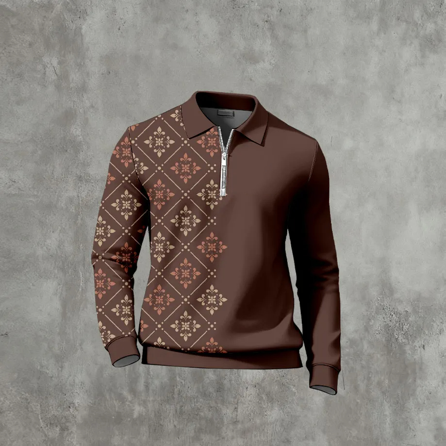 Men's Casual Color Matching Printed Polo-Collar Zipper Long Sleeved T-Shirts