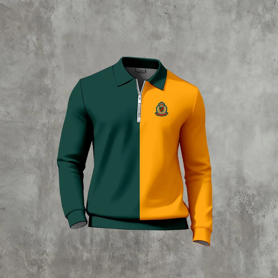 Men's Casual Color Matching Printed Polo-Collar Zipper Long Sleeved T-Shirts