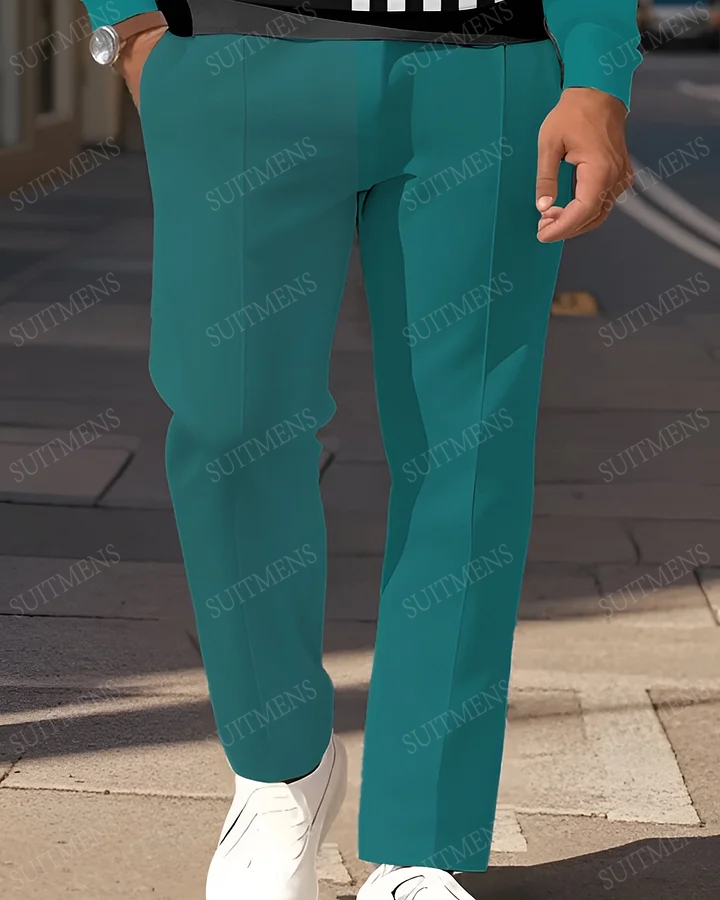 Men's Simple Emerald Green Black White Stripe Printed POLO Long-sleeved Trousers Two-piece Set