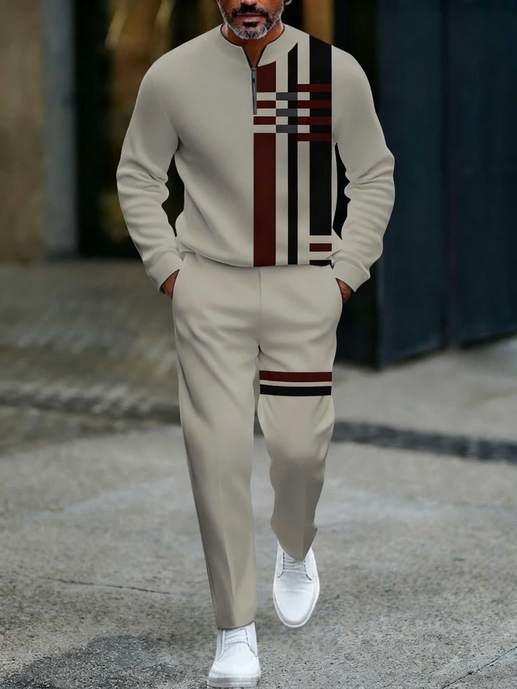 Men's fashion casual geometric print long sleeve zipper two-piece set