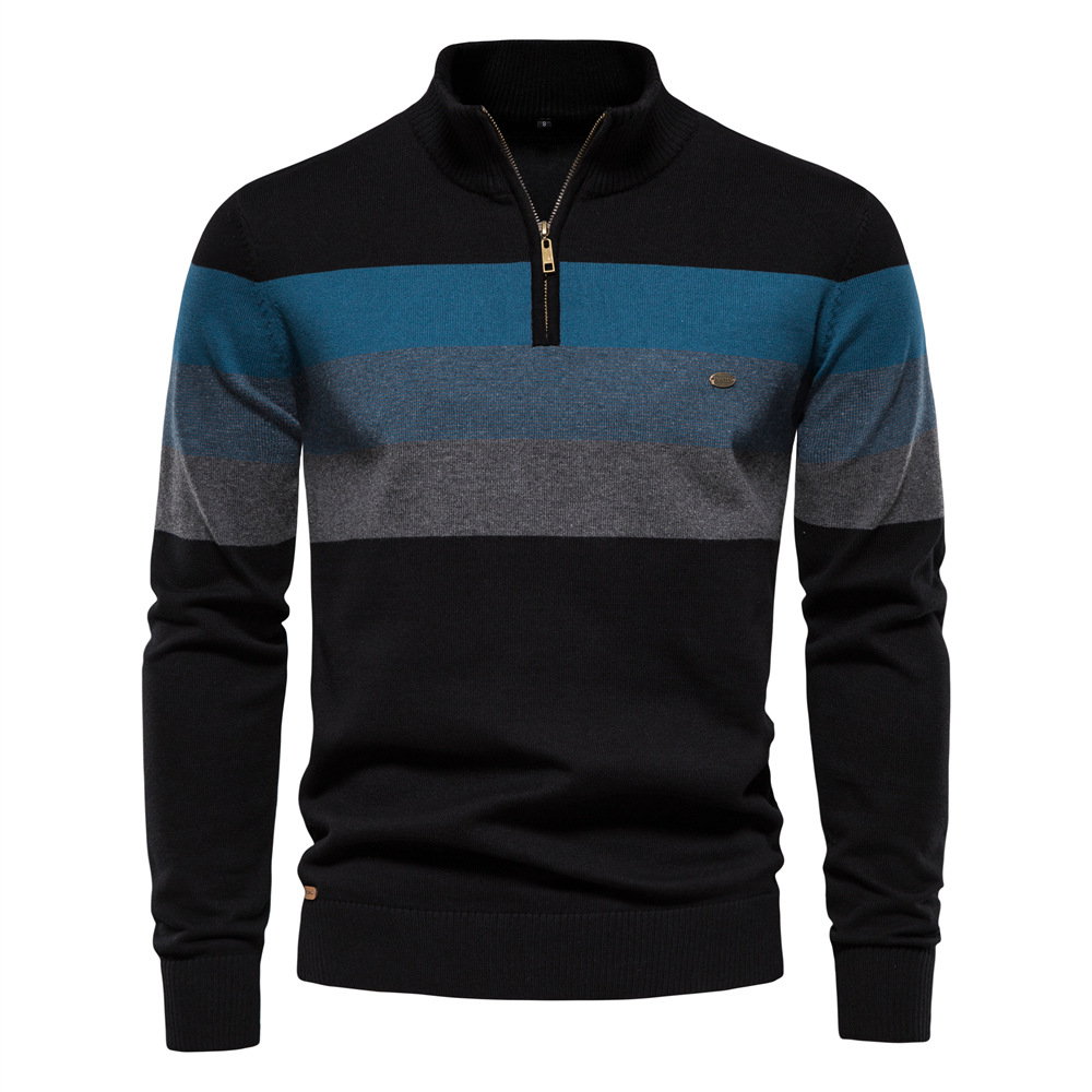 Men's Contrast Color Stand Collar Zip Long Sleeve Fleece Sweatshirt