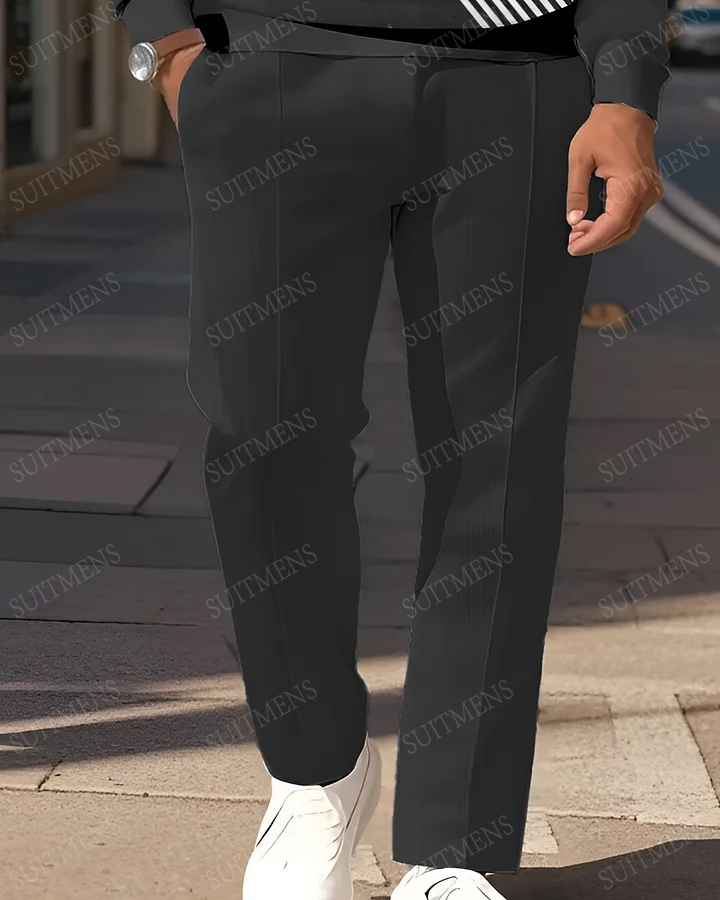 Men's Simple Combination Of Arc Lines Printed POLO Long-sleeved Trousers Two-piece Set