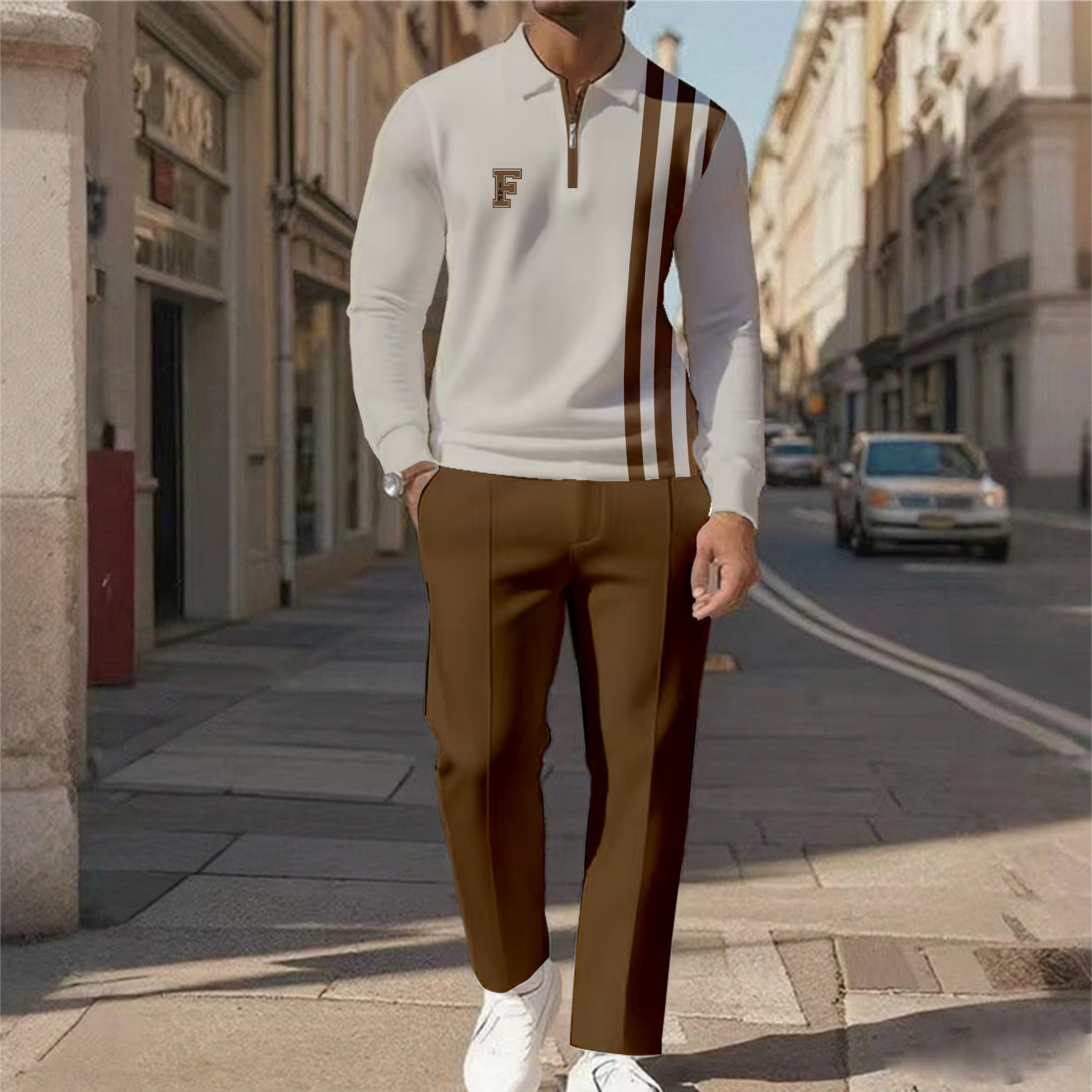 Men's Casual Color Matching Printed Polo-Collar Zipper Long Sleeved Trousers Two-Piece Set 1027