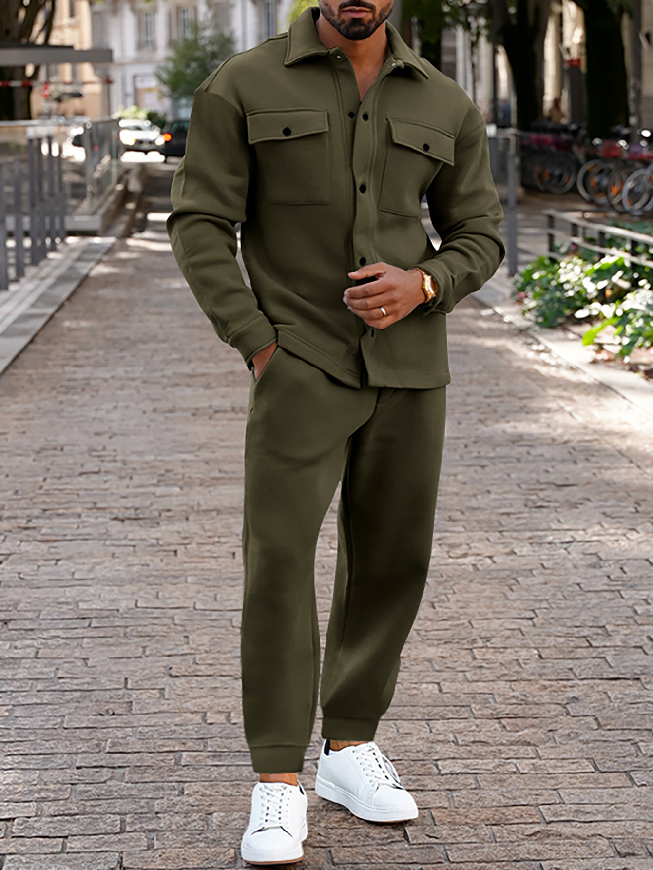 Men's Casual Color Matching Lapel-Collar Long Sleeved Trousers Two-Piece Set