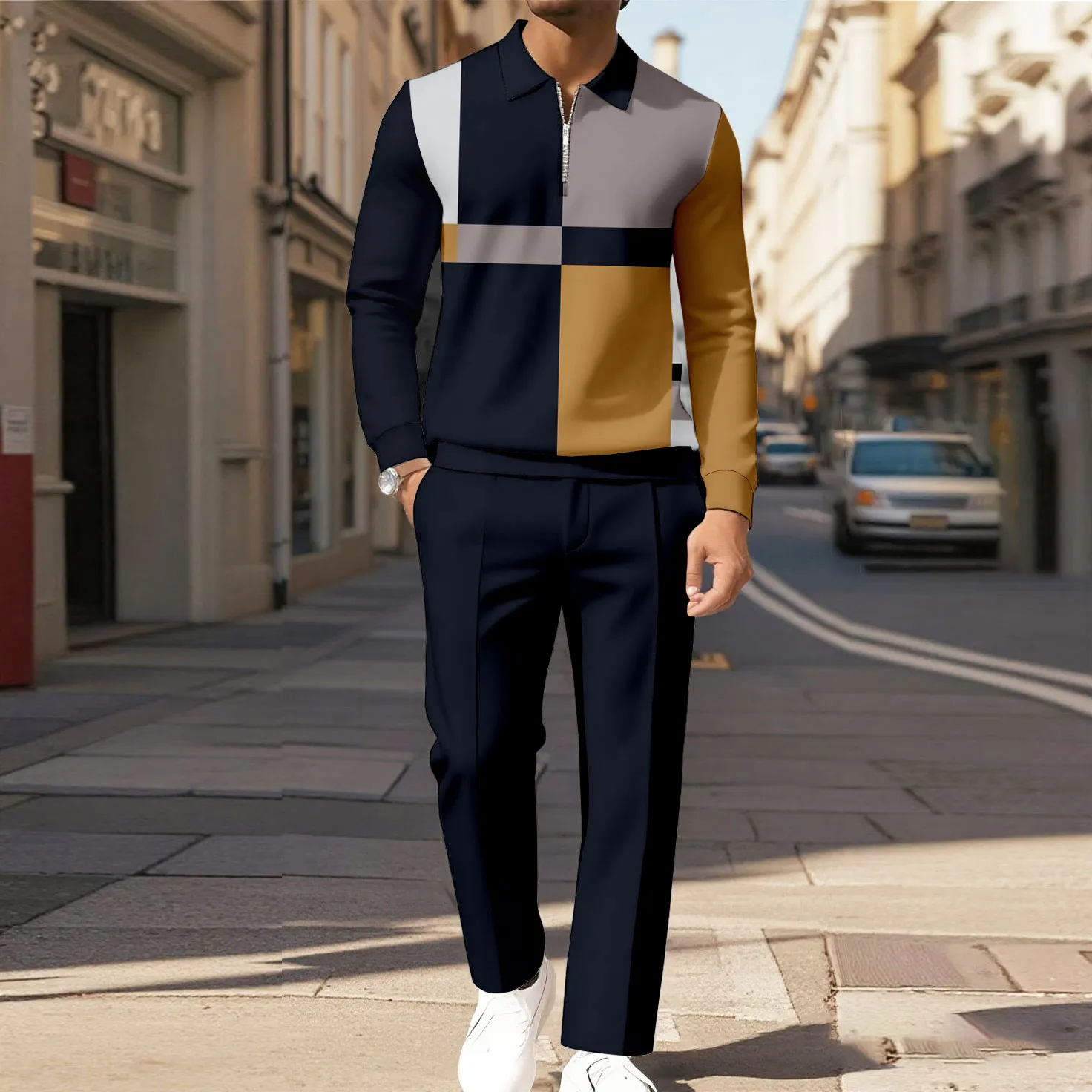 Men's Casual Color Matching Printed Polo-Collar Zipper Long Sleeved Trousers Two-Piece Set 1011