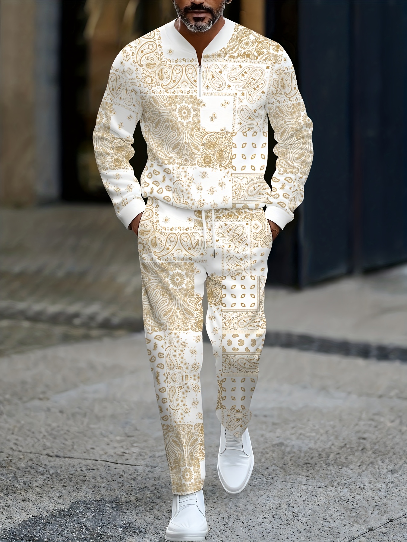 Men's Casual Flower Printed Round-Neck Zipper Long Sleeved Trousers White Two-Piece Set 1218