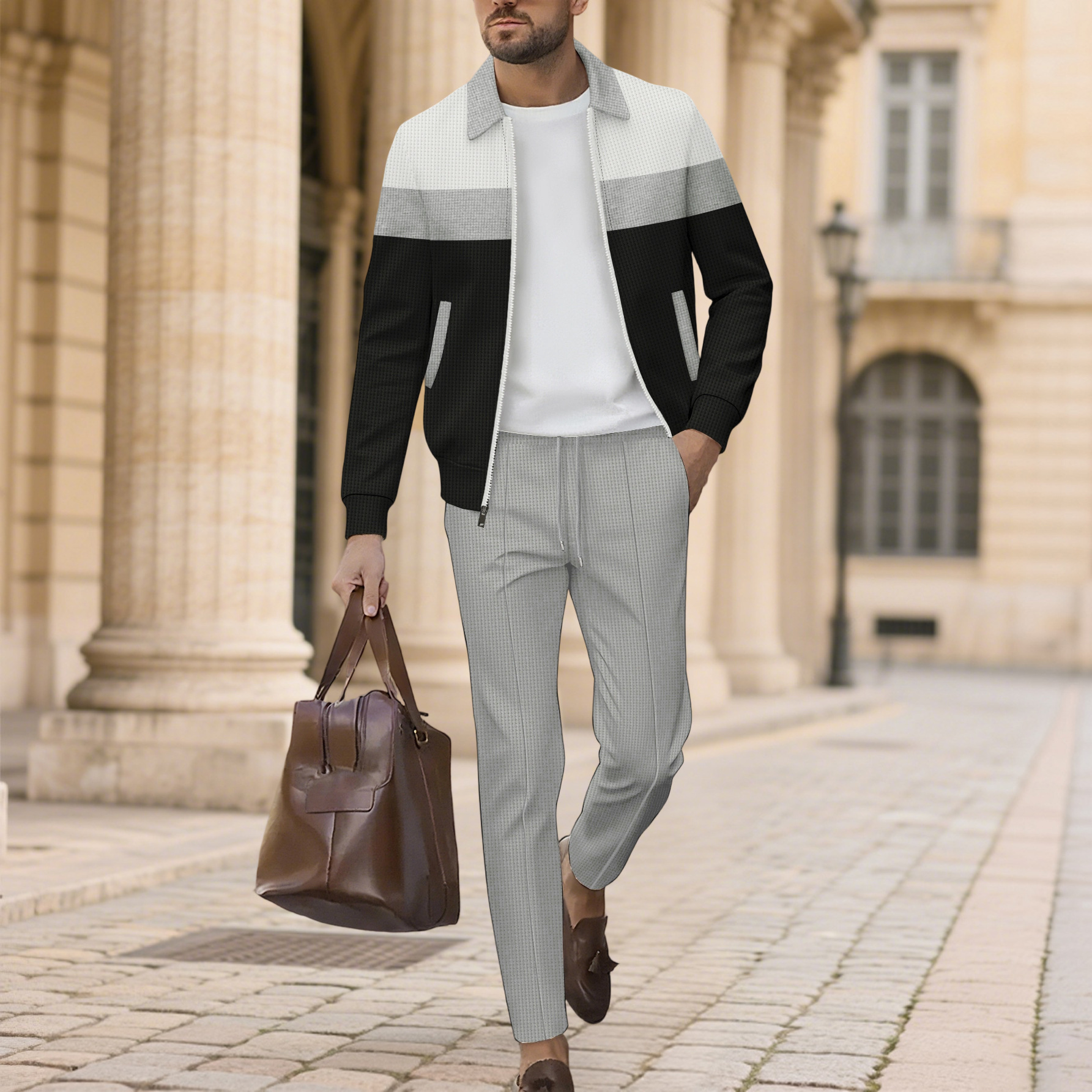 Men's Casual Color Matching Lapel-Collar Zipper Long Sleeved Jacket & Trousers Two-Piece Set