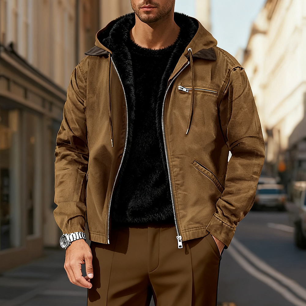 Men's Solid Color Hooded Cotton Jacket