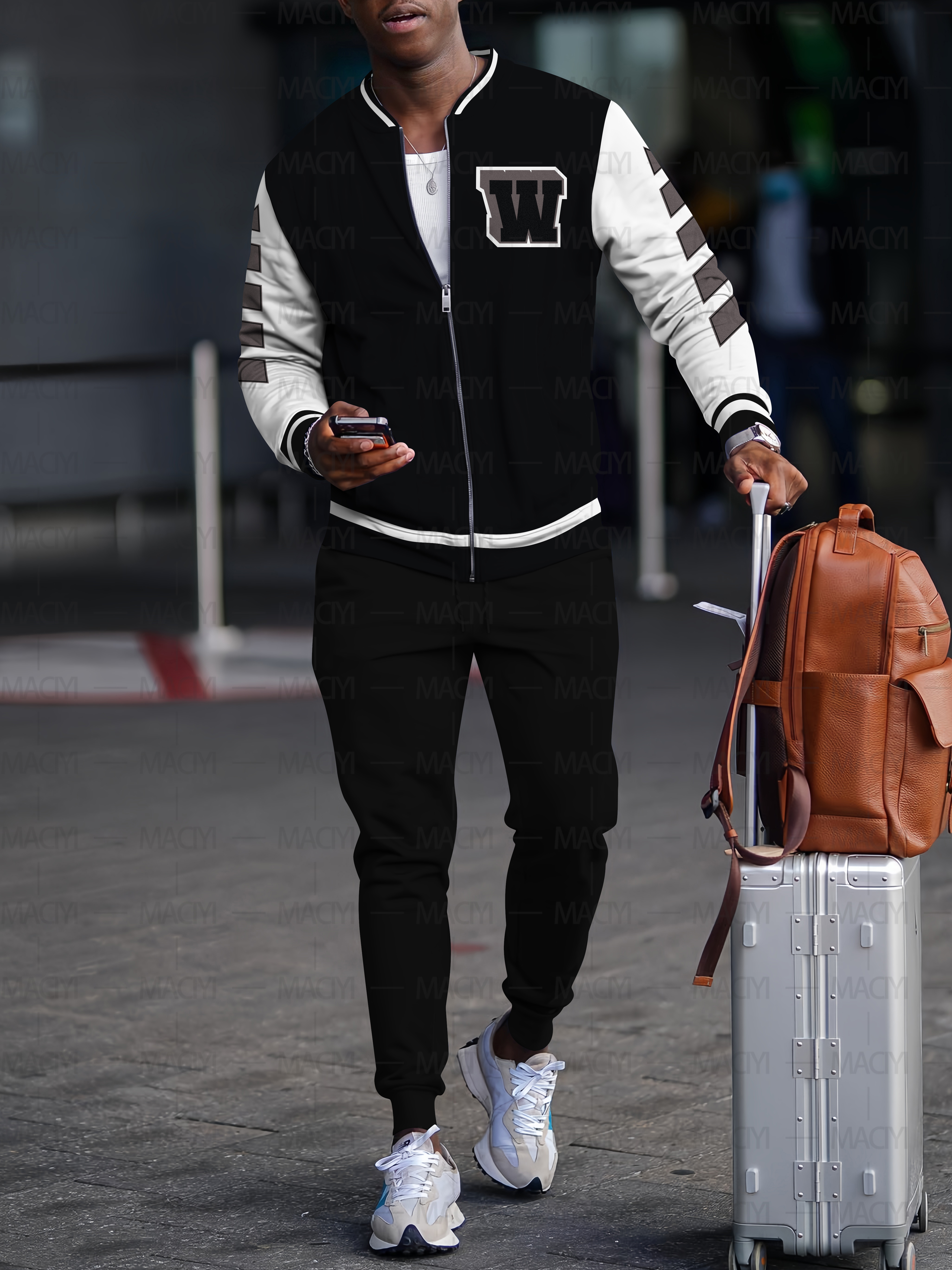 Men's fashion casual geometric print zipper jacket set