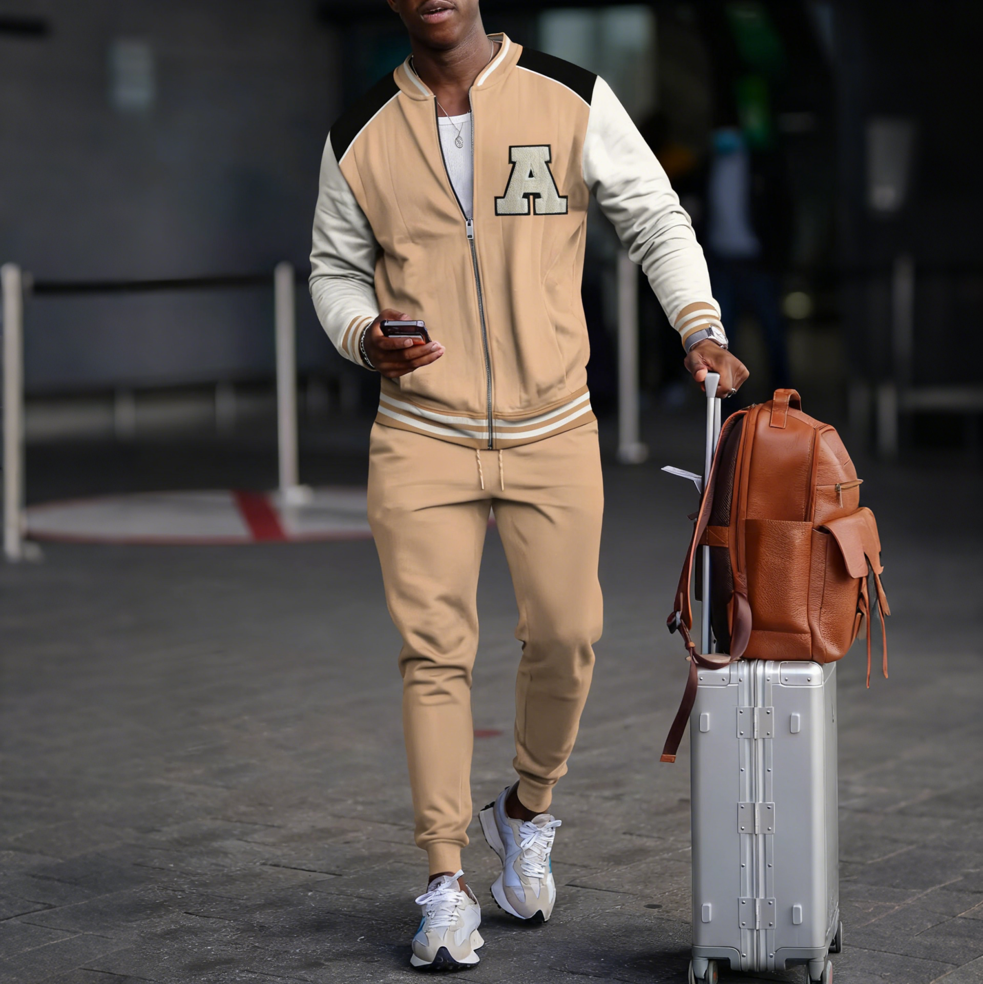 Men's fashion casual geometric print zipper jacket set