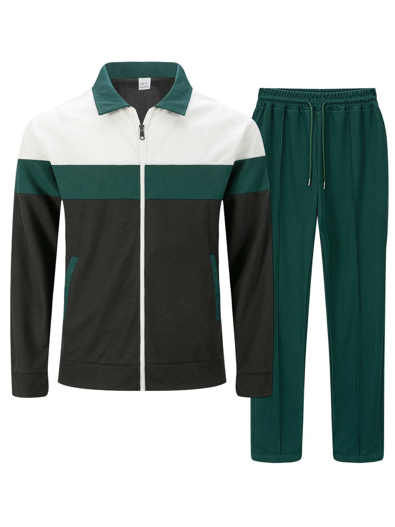 Men's Casual Color Matching Lapel-Collar Zipper Long Sleeved Jacket & Trousers Two-Piece Set